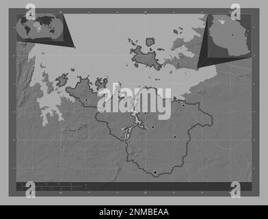 Mwanza, région de Tanzanie. Carte d'altitude à deux niveaux avec lacs et rivières. Lieux des principales villes de la région. Cartes d'emplacement auxiliaire d'angle Banque D'Images