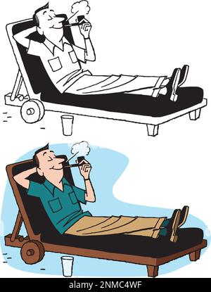 Une caricature rétro d'un homme d'affaires se détendant dans son fauteuil de salon et fumant son tuyau. Illustration de Vecteur