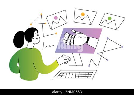 Person utilise le service ai pour générer des images, le concepteur crée de nombreuses maquettes à l'aide d'un ordinateur, illustration vectorielle Illustration de Vecteur