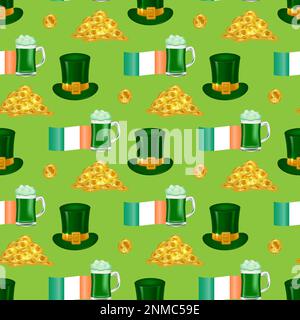 Entrez dans la rue Patrick's Day Spirit avec son motif sans couture, avec son drapeau irlandais, son chapeau Leprechaun, son mug à bière et ses pièces d'or. Pour le papier peint, fabuleux Illustration de Vecteur