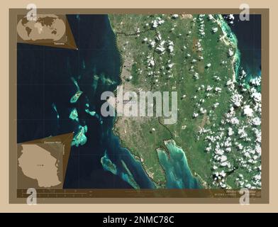 Zanzibar Ouest, région de Tanzanie. Carte satellite basse résolution. Lieux et noms des principales villes de la région. Cartes d'emplacement auxiliaire d'angle Banque D'Images