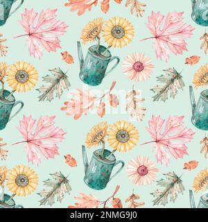 Motif d'automne avec feuilles de tournesol et arrosoir, fait en aquarelle, fait en aquarelle pour la conception de vos produits Banque D'Images