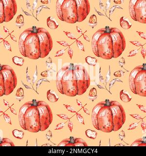 Motif d'aquarelle dorée avec des feuilles et des glands de châtaignes de citrouilles. Éléments dessinés à la main sur fond blanc pour la conception des produits d'automne. Banque D'Images