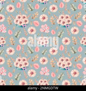 Motif aquarelle sans couture avec feuilles, brindilles et fleurs d'automne pour les textiles, le papier d'emballage, le raclage et la conception de produits Banque D'Images