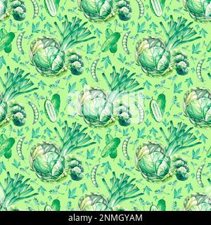 Motif vert aquarelle de légumes chou, concombre, oignon, pois, persil. Un modèle sur le thème du végétarisme, le veganisme pour la décoration de fabri Banque D'Images