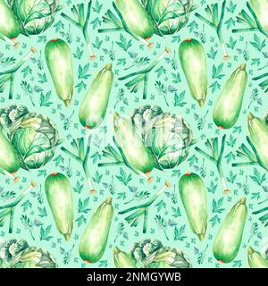 Motif vert aquarelle de légumes chou, concombre, oignon, courgettes persil. Un modèle sur le thème du végétarisme, le veganisme pour la décoration fa Banque D'Images