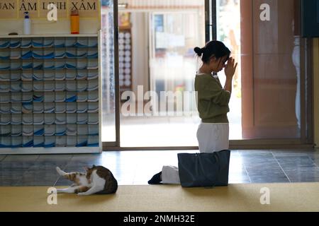 Une femme priant et remerciant un chat se détend au temple bouddhiste vietnamien de Quang Minh, Braybrook, Melbourne, Australie. Banque D'Images