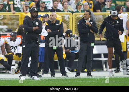 October 03, 2021: Green Bay Packers quarterback Aaron Rodgers (12) debates  a tripping call against Pittsburgh Steelers linebacker T.J. Watt (90)  during the NFL football game between the Pittsburgh Steelers and the