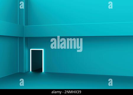 Vue en perspective sur un mur métallique vert vierge avec place pour votre affiche ou bannière publicitaire dans un hall vide sombre abstrait avec entrée carrée. 3D rende Banque D'Images