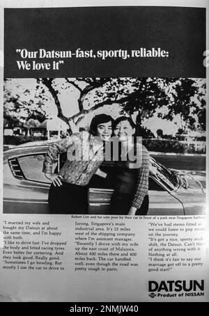 Publicité Datsun dans un magazine NatGeo, septembre 1974 Banque D'Images