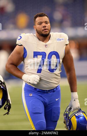 Los Angeles Rams offensive tackle Andrew Whitworth (77) celebrates after  winning the NFL Super Bowl 56 football game against the Cincinnati Bengals,  Sunday, Feb. 13, 2022 in Inglewood, CA. (AP Photo/Tyler Kaufman