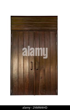 Belle porte double isolée en bois, porte en bois brun foncé, porte en bois de style vintage sur fond blanc. Banque D'Images