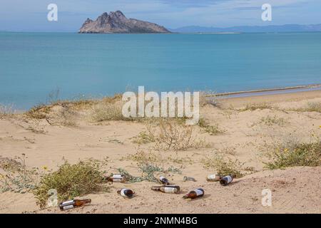 Déchets de bouteilles de verre Michelob bière ultra légère sur la plage de Kino Bay en arrière-plan vous pouvez voir l'île d'Alcatraz (photo : Luis Gutierrez / NortePhoto.com) basura de botellas de vidrio Michelob Ultra cerveza ligera en la playa d ela bahia de Kino en el fonde se mira la Isla Alcatraz (photo: Luis Gutierrez / NortePhoto.com) Banque D'Images