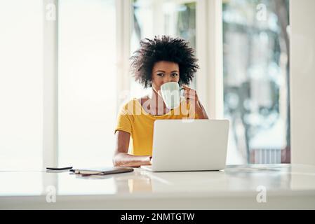 Travailler à domicile a ses avantages. Portrait court d'une jeune femme attrayante travaillant sur son ordinateur portable à la maison. Banque D'Images