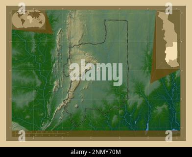 Plateaux, région du Togo. Carte d'altitude en couleur avec lacs et rivières. Cartes d'emplacement auxiliaire d'angle Banque D'Images