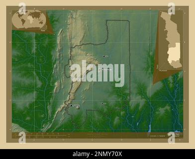 Plateaux, région du Togo. Carte d'altitude en couleur avec lacs et rivières. Lieux et noms des principales villes de la région. Emplacement auxiliaire d'angle ma Banque D'Images