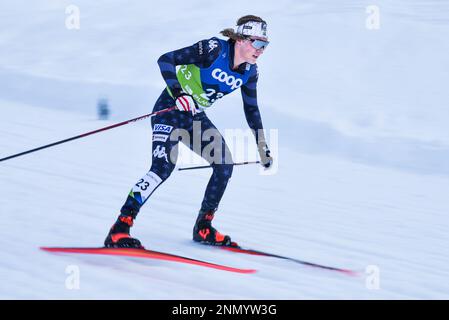 Le Gus Schumacher américain d’Anchorage, en Alaska, ski en descente rapide pendant le skiathlon masculin aux Championnats du monde de ski nordique 2023 de la FIS à Planica, en Slovénie, au 24 février 2023. L'événement combine les techniques classiques et les techniques de freestyle en une seule course. John Lazenby/Alamy Live News Banque D'Images