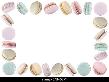 Cadre fait de délicieux macarons sur fond blanc Banque D'Images