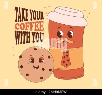 Personnages rétro mignons café à emporter dans une tasse de papier et biscuits aux pépites de chocolat. Illustration vectorielle. Boisson et nourriture de mascotte drôle. Un couple cool en nostalgique Illustration de Vecteur