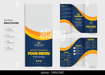 Modèle de brochure à trois volets du menu des aliments, vectoriel, bleu foncé et jaune. Design de l'affiche de promotion du restaurant et de la brochure pour le marketing. Foo Illustration de Vecteur