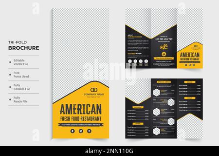 Brochure sur le menu culinaire à trois volets aux couleurs jaune et sombre. Vecteur de modèle promotionnel de publicité de restaurant avec liste de menus alimentaires. Foo Illustration de Vecteur