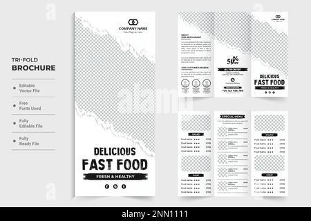 Brochure à trois volets avec menu de cuisine créatif et effet de pinceau sur fond blanc. Poster de menu alimentaire moderne et vecteur de mise en page de brochure pour la commercialisation. Illustration de Vecteur