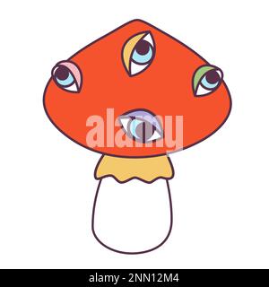 Retro 70s Groovy hippie sticker stylizes hippie champignon. Élément de dessin animé psychédélique - illustration de champignon funky dans le style hippy vintage. Vecteur plat Illustration de Vecteur