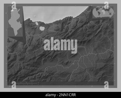 Jendouba, gouvernorat de Tunisie. Carte d'altitude en niveaux de gris avec lacs et rivières. Lieux des principales villes de la région. Emplacement auxiliaire d'angle ma Banque D'Images