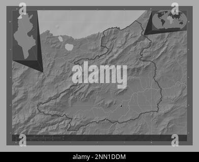 Jendouba, gouvernorat de Tunisie. Carte d'altitude à deux niveaux avec lacs et rivières. Cartes d'emplacement auxiliaire d'angle Banque D'Images