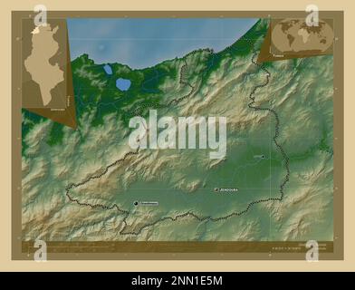 Jendouba, gouvernorat de Tunisie. Carte d'altitude en couleur avec lacs et rivières. Lieux et noms des principales villes de la région. Emplacement auxiliaire de coin Banque D'Images