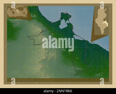 Medenine, gouvernorat de Tunisie. Carte d'altitude en couleur avec lacs et rivières. Lieux des principales villes de la région. Cartes d'emplacement auxiliaire d'angle Banque D'Images