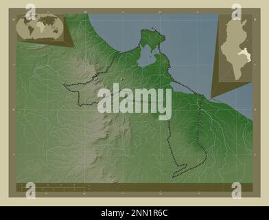 Medenine, gouvernorat de Tunisie. Carte d'altitude colorée en style wiki avec lacs et rivières. Cartes d'emplacement auxiliaire d'angle Banque D'Images