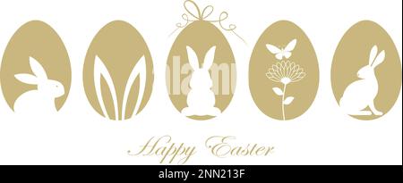 Motif de silhouette de Pâques doré. Joyeux vœux de Pâques. Décoration de symbole avec lapin de Pâques, œuf de Pâques, fleurs et papillon. Illustration de Vecteur