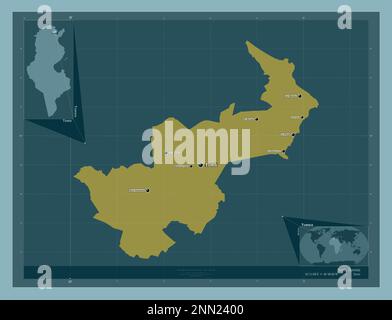 Tunis, gouvernorat de Tunisie. Forme de couleur unie. Lieux et noms des principales villes de la région. Cartes d'emplacement auxiliaire d'angle Banque D'Images