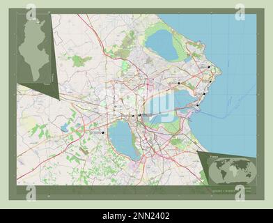 Tunis, gouvernorat de Tunisie. Ouvrez la carte des rues. Lieux et noms des principales villes de la région. Cartes d'emplacement auxiliaire d'angle Banque D'Images