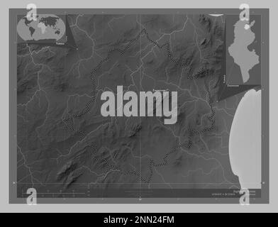 Zaghouan, gouvernorat de Tunisie. Carte d'altitude en niveaux de gris avec lacs et rivières. Lieux et noms des principales villes de la région. Angle auxiliaire l Banque D'Images