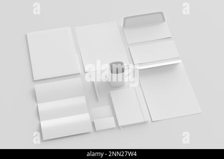 Maquette de mise en place de papeterie d'entreprise vierge avec enveloppes, cartes de visite, dossier, brochure à trois plis, feuille de papier, carnet, gobelet et stylo sur fond blanc Banque D'Images