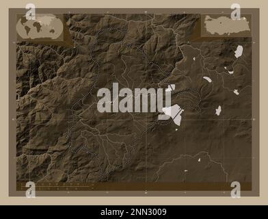 Ardahan, province du Turkiye. Carte d'altitude colorée en tons sépia avec lacs et rivières. Cartes d'emplacement auxiliaire d'angle Banque D'Images