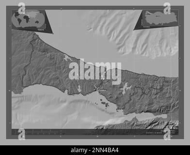 Istanbul, province du Turkiye. Carte d'altitude à deux niveaux avec lacs et rivières. Lieux et noms des principales villes de la région. Emplacement auxiliaire d'angle Banque D'Images