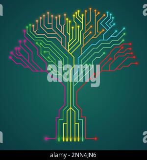 Colorful circuit board symbol tree shape technology concept vector illustration isolated on gradient background. Illustration de Vecteur