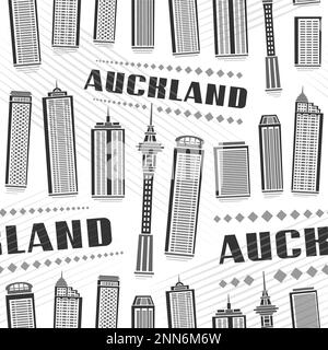 Vector Auckland Seamless Pattern, répétition de l'arrière-plan avec illustration du célèbre paysage urbain d'auckland sur fond blanc pour papier d'emballage, monochr Illustration de Vecteur