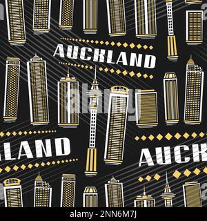 Vector Auckland Seamless Pattern, répétition de l'arrière-plan avec illustration du célèbre paysage de la ville d'auckland sur fond sombre pour papier d'emballage, decorati Illustration de Vecteur