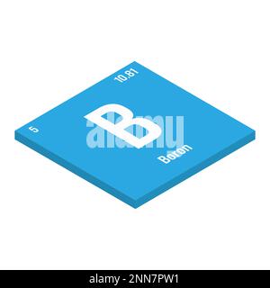 Bore, B, élément de table périodique avec nom, symbole, numéro atomique et poids. Métalloïde à diverses utilisations industrielles, comme dans la fibre de verre, la céramique et comme absorbeur de neutrons dans les centrales nucléaires. Illustration de Vecteur