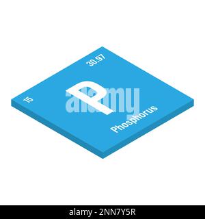 Phosphore, P, élément de table périodique avec nom, symbole, numéro atomique et poids. Non métalliques à diverses utilisations industrielles, comme dans les engrais, les détergents et comme composant de certains types d'explosifs. Illustration de Vecteur