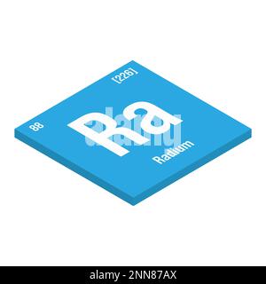 Radium, Ra, élément de table périodique avec nom, symbole, numéro atomique et poids. Métal alcalin de terre aux propriétés radioactives, autrefois utilisé en thérapie médicale et comme composant de certains types de peinture. Illustration de Vecteur