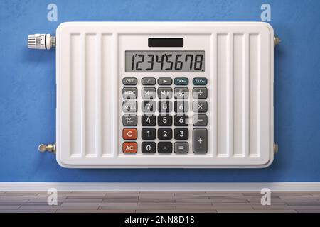 Radiateur de chauffage sous forme de calculateur. Économie de chauffage, calcul des coûts énergétiques et concept de crise énergétique. 3d illustration Banque D'Images