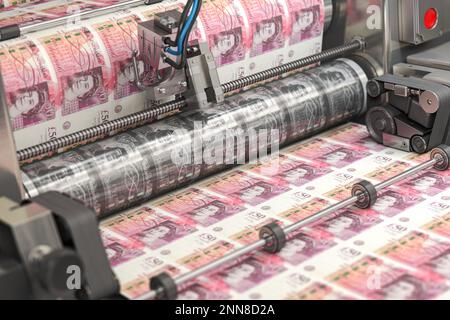 Impression de billets d'argent Royaume-Uni sur une machine à imprimer en typographie. Finance, impôt, marché boursier et investissement, faire de l'argent concept. 3d 000 km Banque D'Images