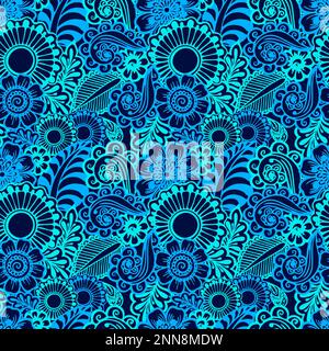 motif graphique fleuri sans couture d'éléments stylisés dans différentes nuances de bleu, texture, design Banque D'Images