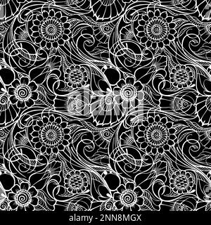 motif fleuri sans couture, motifs orientaux, motif floral blanc sur fond noir, texture, fond Banque D'Images