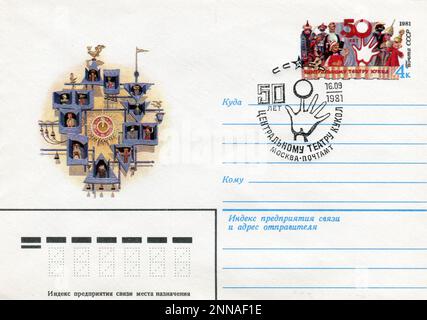 URSS - vers 1981: Une enveloppe postale de la première journée de l'URSS avec des timbres. Le Théâtre central universitaire d'État porte le nom de Sergei Vladimirovich Obraztsov. Banque D'Images